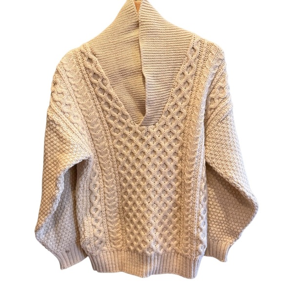 Vintage Cottage Knitwear Aran Wool Sweater Mens S/M Ivory Chunky Cable Fisherman - Picture 2 of 16